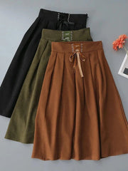 Preppy Style Vintage Long Skirts Women High Waist Sweet Loose A Line Skirt Lace Up Retro Fall Winter Female Elegant Long Skirts voguable