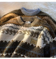 Vintage Boho Floral Striped Sweater Women Warm Winter Long Sleeve Tops Men Hip Hop Couples Teens Pullover Korean Fashion Clothes