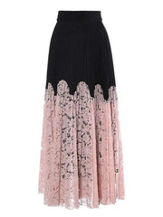 Lace Spliced Printing Pleated Skirts For Women High Waist Loose Causal Colorblock Skirt Female Fashion New Clothes voguable