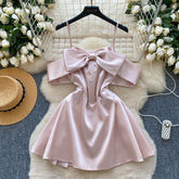 Elegant Sleeveless Vintage Butterfly Bow Sexy Off Shoulder Satin Slim A-line Straps Dresses Birthday Party High Street Clothing voguable