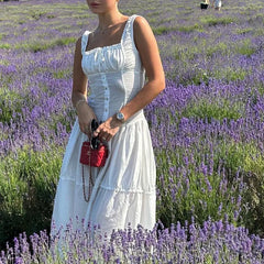 Voguable Elegant Square-Neck White Dress Women Spring Summer Slim Lace Up Sleeveless Dress Y2K Korean Buttons Beachwear Party Vestido New voguable