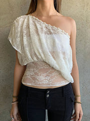 Voguable Women Lace Buttons Top Off Shoulder Multi-Way Wear Slim Fit Cropped Y2K Sexy Street Party Casual Spring/Summer Tees voguable