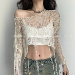 Fashion Boho Women Knitted T Shirt Y2k Hollow Out Loose Female Crop Tees Vintage Korean Ripped Long Sleeve Match Ladies Jumpers voguable