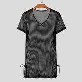 Men T Shirt Hollow Out Transparent V Neck Short Sleeve Male Tee Tops Solid Color Hollow Out Split Camisetas Streetwear voguable