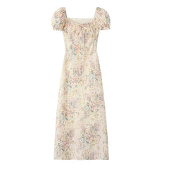 Sweet Women Vintage Puff Sleeve Square Neck Floral Print Sexy Elegant Dress Summer Female A-line Midi Holiday Dress Boho voguable