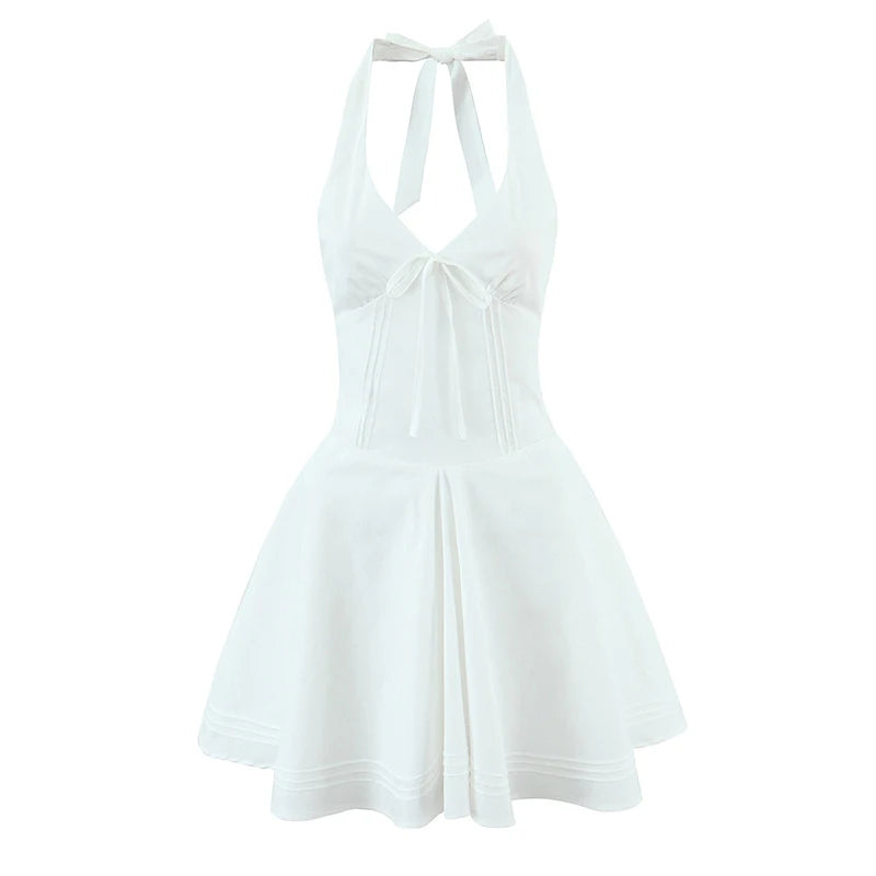 Sexy Deep V Halter White Mini Dress Women Fashion Backless A-line Elegant Party Dresses Summer Robe Lace Up Vestidos voguable