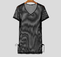 Men T Shirt Hollow Out Transparent V Neck Short Sleeve Male Tee Tops Solid Color Hollow Out Split Camisetas Streetwear voguable