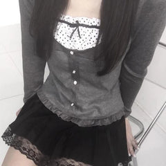 Voguable Ribbons Bow Contrast Patchwork T-shirt Y2K Aesthetic Button Up Frill Casual Basic Crop Top Kawaii Lolita Tops Cute Tees voguable