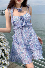 French Style Women Sleeveless Ruffles Camisole Dress Sexy Backless Beach Vacation Dress Floral Printed Fairy Casual Short Dress voguable