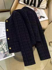 Korean Plaid Tweed Jacket Women Y2K Elegant Office Lady O Neck Casual Crop Coats Autumn Single Breasted All Match Female Outwear voguable