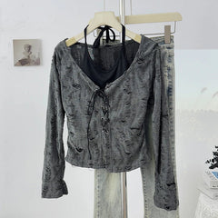 Destressed Two Piece Set Lace-up Cardigan with Cami Women's Y2K Grunge Crop Long Sleeve Criss Cross Knit Tops Acubi Outfit voguable