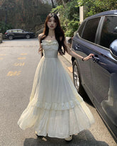 Vintage Ruffle Dress Women Korean Solid Sweet Elegant Preppy Midi Dress Summer Casual Sleeveless Spaghetti Straps A Line Dress voguable