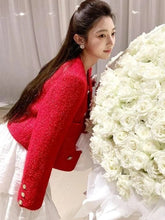 3D Floral Red Tweed Jacket Women Sweet Slim O Neck Vintage Short Coat Korean Casual Fall Winter Long Sleeve Elegant Tops voguable