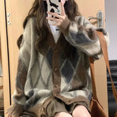 Voguable Japanese Plaid Knitted Cardigan Fall Winter Women Vintage Loose Lazy Wind Sweaters Jacquard Sweet V Neck Casual Long Sleeve Tops voguable