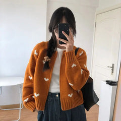 Harajuku Love Jacquard Sweaters Coats Elastic Korean Women Autumn Winter New Loose Knitted Panelled Zipper Cardigans Tops voguable