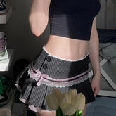 Voguable Japanese Harajuku Sweet Pleated Skirt Striped Bow Age Reducing Short Skirt Retro Contrasting Lace Patchwork Summer voguable
