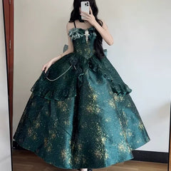 Voguable Lolita Flower Wedding Evening Party Dress Women Green Suspender Long Dress Elegant Sexy Off Shoulder Lady Banquet Dress voguable