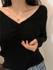 Voguable Sexy V Neck Women Sweater Autumn Knitted Pullover Jumper Chic Soft Korean Slim Long Sleeve Female Basic Top New voguable