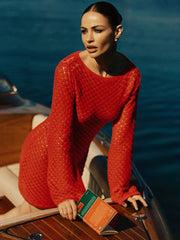 Backless Long Sleeve Knit Mini Dress For Women Fashion Elegant Spring Summer See Through Beach Holiday Dress Beachwear voguable