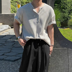 New Fashion American Style Men T-shirt Luxury Striped Knitted Henry Collar Tees Casual Solid Color Short Sleeve Breathable Tops voguable