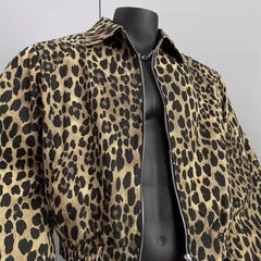 American Retro Leopard Print Jacket Men's Korean Style Style High-end Handsome Short Jacket Trendy High Street Style Denim Top voguable