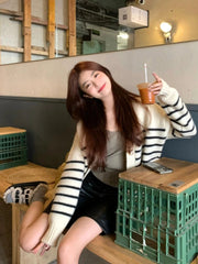 Women Cardigan Sweater Striped V-neck Button-up Sweater Jacket Comfy Cozy Slouchy Cardi Autumn Winter Casual Outfit voguable