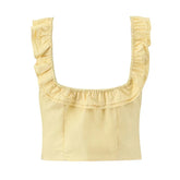 Yellow White Ruffle Square Neck Tank Top Women Front Button Sleeveless Holiday Summer Tops Cotton ropa de mujer