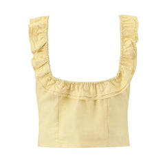 Yellow White Ruffle Square Neck Tank Top Women Front Button Sleeveless Holiday Summer Tops Cotton ropa de mujer