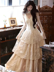 Autumn Women Vintage Lace Long Sleeve Cake Maxi Dress Elegant Sweet V-Neck Long Dress Slim Party Female Clothing Female Outfits voguable