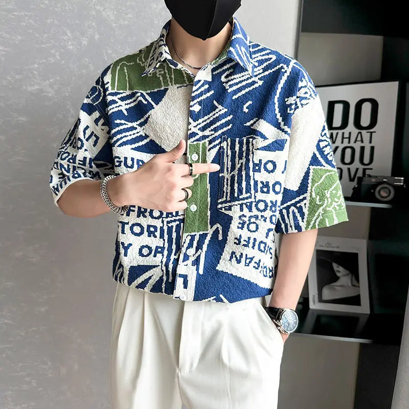Voguable Men Clothing Summer Trendy Print Lapel Pocket Button Down Shirt Casual Streetwear Short Sleeve Loose Chic Tops Camisas De Hombre voguable