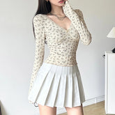 Voguable French Style Floral Print Knitted Tops Beige Color Lace Stitching V-neck Milkmaid T-shirt Autumn Cute Coquette Tees Y2K voguable