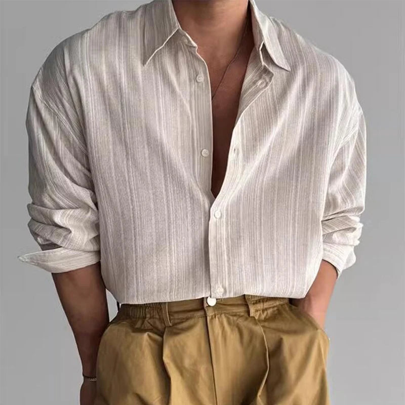 Voguable Vintage Men Striped Printed Shirt Long Sleeve Turn-down Collar Buttoned Shirts Autumn New Casual Slim Fit Men Cardigan Shirts voguable