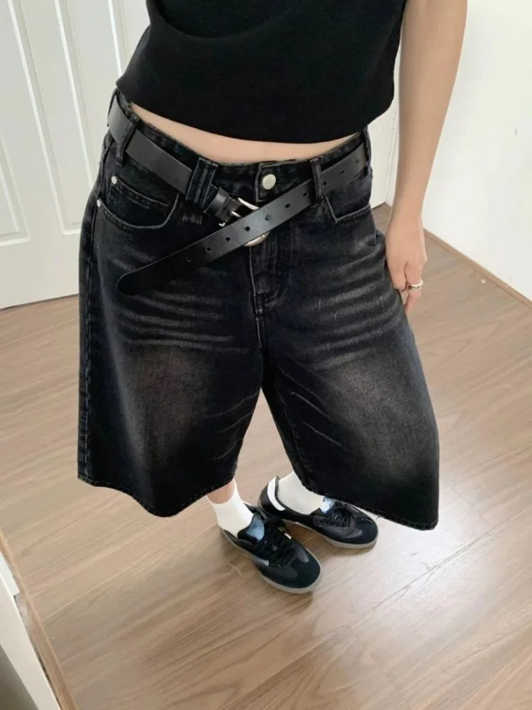 Voguable 2024 Y2k Retro Women Low Rise Jorts Brushed Black Wash Cropped Baggy Jeans Wide Leg Frayed Denim Short Pants Acubi Fashion voguable