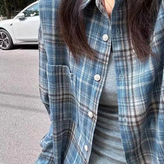 Women Shirt Women Long Sleeve Mid Length Vintage Blue Plaid Pocket Turn down Collar Preppy Style Shirts Blouse Female Cardigan voguable