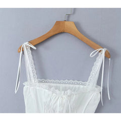 Voguable Sweet Lace Trim White Slim Camis Sexy Women Cotton Tank Top Summer Bow Front Button Crop Top voguable