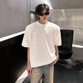 Metal Pearl Embellished Men Round Neck Cotton Tshirt man Breathable Comfort Casual 2024 Trendy Tee Top Fashion Loose Fit Plain voguable