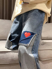 Voguable Harajuku Wide Leg Baggy Cargo Jeans Pants Men Heart Oversize Straight Casual Denim Long Trousers Streetwear Vintage Y2k Hip Hop voguable