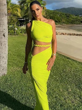 Green Sexy Two Piece Sets Women Oblique Shoulder Crop Tops And Maxi Skirt Female Thigh High Split Ruched Long Dress voguable