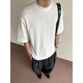 Men Cotton Short Sleeve Tshirt Breathable Soft Round Semi High Neck Solid Color Summer Comfort Casual Tee Lightweight Top voguable