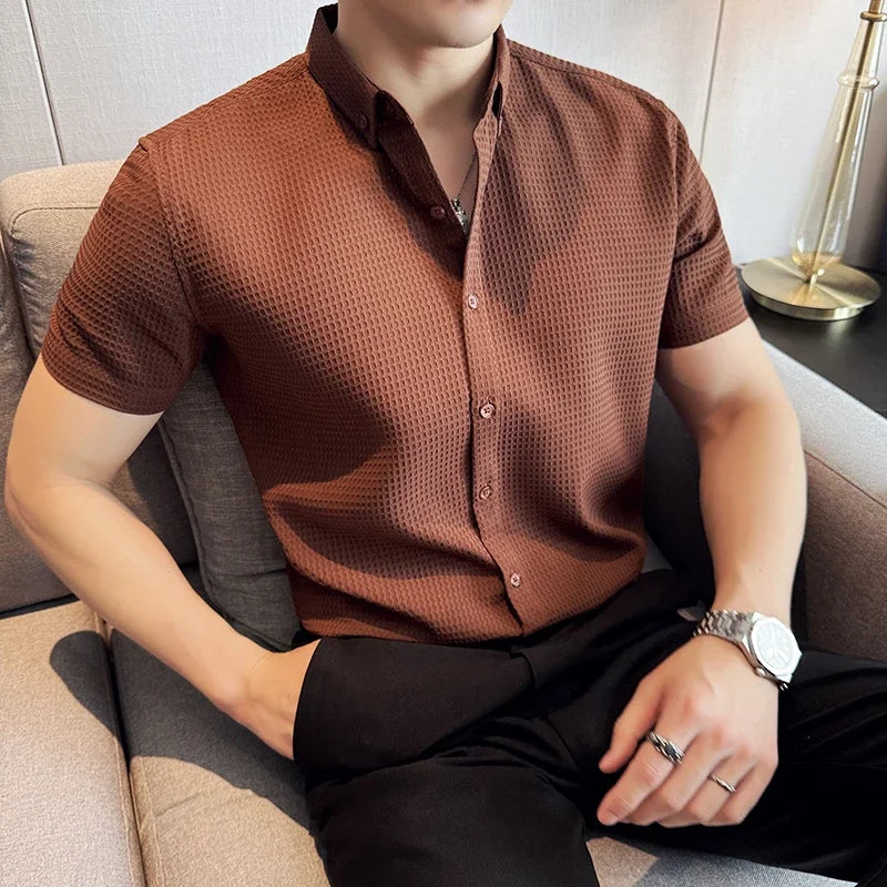 Men Waffle Shirt Short Sleeved 2024 Summer New Thin British Style Business Solid Casual Non Iron Slim Fit Shirt Men's Clothing voguable