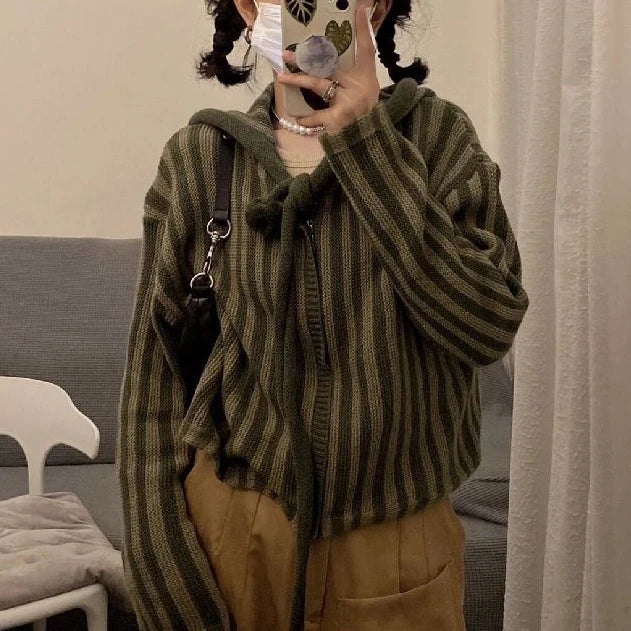 2025 Spring Autumn Korean Hooded Loose Harajuku Sweaters Women Striped Zipper Cardigan Knitted Fashion Gothic Y2k Tops Jumper voguable