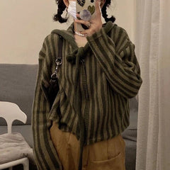 2025 Spring Autumn Korean Hooded Loose Harajuku Sweaters Women Striped Zipper Cardigan Knitted Fashion Gothic Y2k Tops Jumper voguable