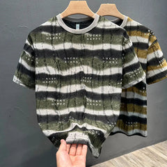 Voguable Summer New Style Personalized Striped Frayed Sequins Trendy Brand T-shirt Loose Casual Versatile Round Neck Men's Short Sleeves voguable