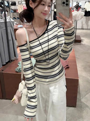 Korean Vintage Off Shoulder Striped Top Women 100% Ribbed Cotton Long sleeve T shirt Spring Autumn Basic Tees 2025 New voguable