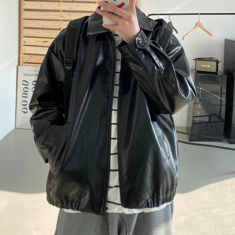 Autumn Street Trendy PU Leather Jacket Casual Textured Locomotive Zipper Turn-down Collar Solid Color Long Sleeve Men's Coats voguable