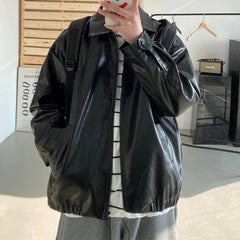 Autumn Street Trendy PU Leather Jacket Casual Textured Locomotive Zipper Turn-down Collar Solid Color Long Sleeve Men's Coats voguable