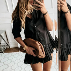 Women's Dresses All Season Korean Pleated Single Breasted Long Sleeve Shirt Collar Mini Shirt Daily Dresses voguable