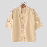 Men Shirt Solid Color V Neck Half Sleeve Casual Cardigan Men 2025 Oversize Pleated Fashion Male Tops Shirts Streetwear voguable