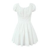 New Women Short Sleeve Square Neck Slim Cotton White Dress Ladies Low Waist Summer Mini Dresses Party Robe