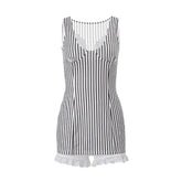y2k 2 Piece Set Women Summer Stripe Print Sleeveless Lace Trim V Neck Mini Bodycon Dress with Shorts 2000s Streetwear voguable